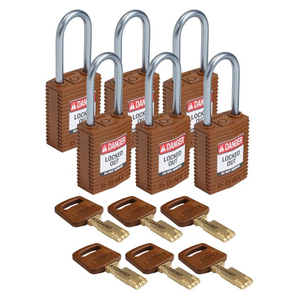 Compact SafeKey Key Retaining Nylon Padlock 1.5 in Aluminum Shackle KD Brown 6PK